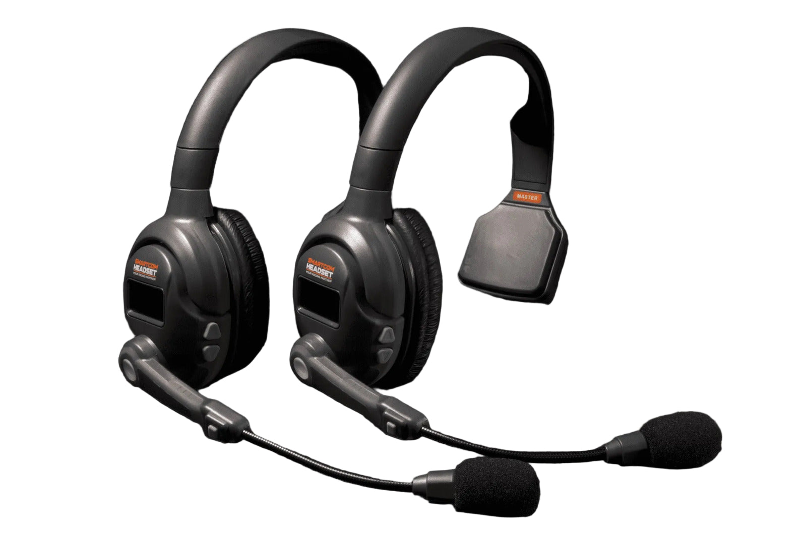 Pair of Smartcom headset on a black background