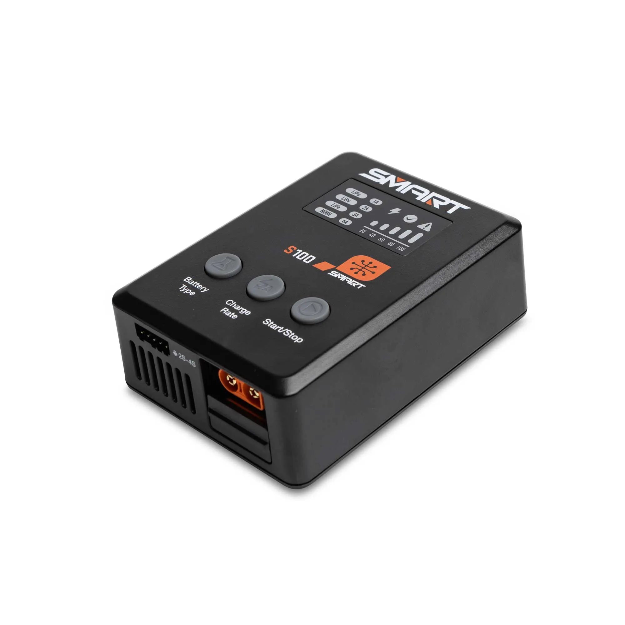 A Spektrum Smart S100 G2 2-4S USB-C Charger with buttons and ports visible on the front panel.