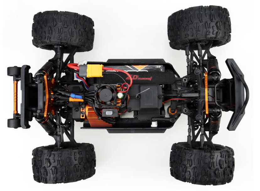 Top view of a remote control car chassis with visible components on a white background
