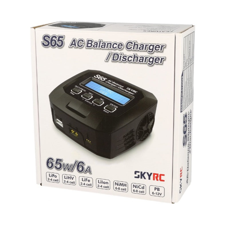 SKYRC S65 AC balance charger/discharger packaging on a white background
