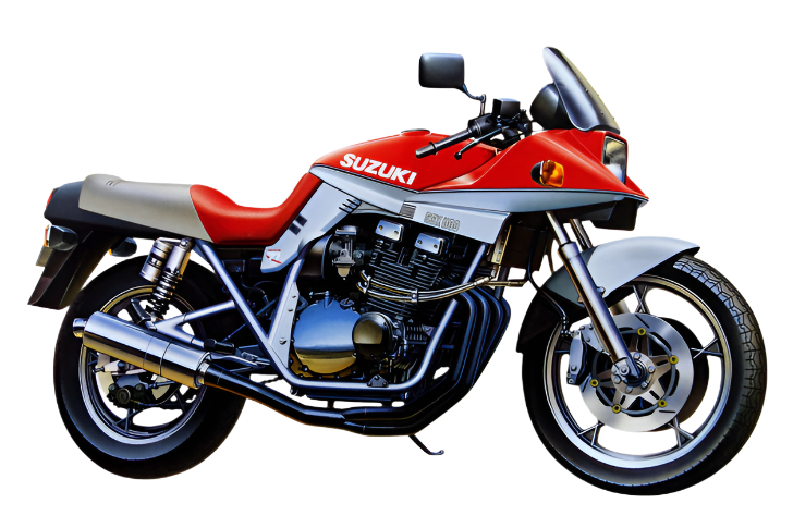 A Tamiya 1/12 scale model kit of the Suzuki GSX1100S Katana motorcycle, featuring a red and silver color scheme with detailed bodywork and engine components.