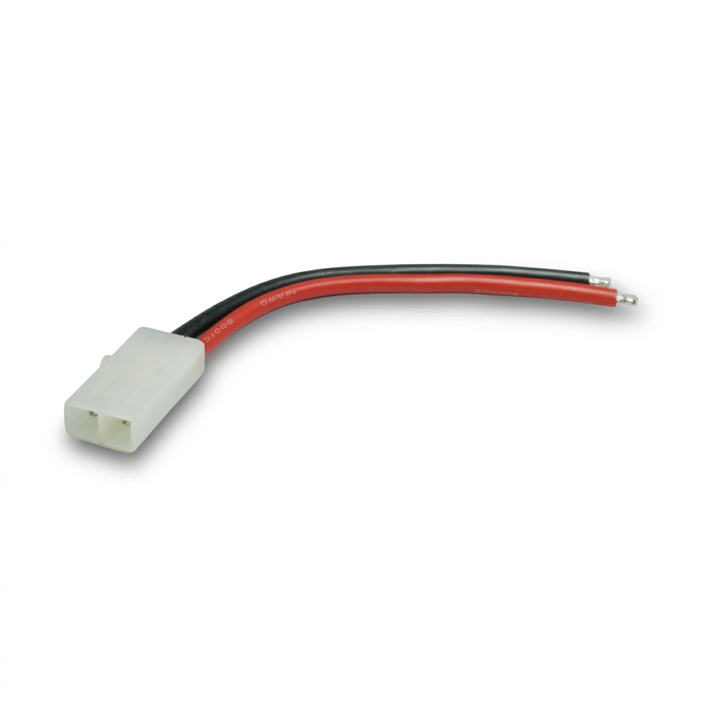 A small electrical connector with two red wires and one black wire, ending in silver metal tips, on a plain white background.