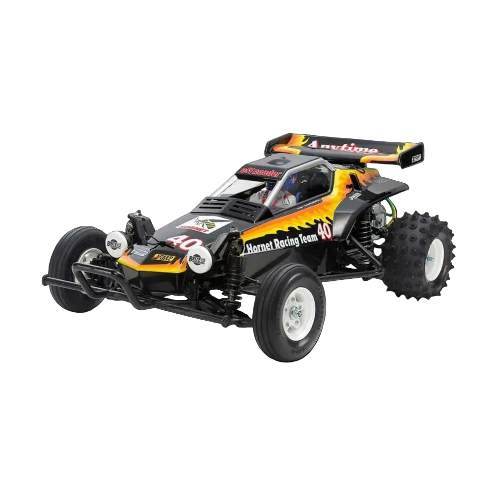 Model off-road racing car with detailed design on a white background