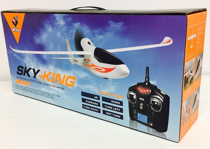 Box of Sky-King remote control airplane with model and controller illustration.