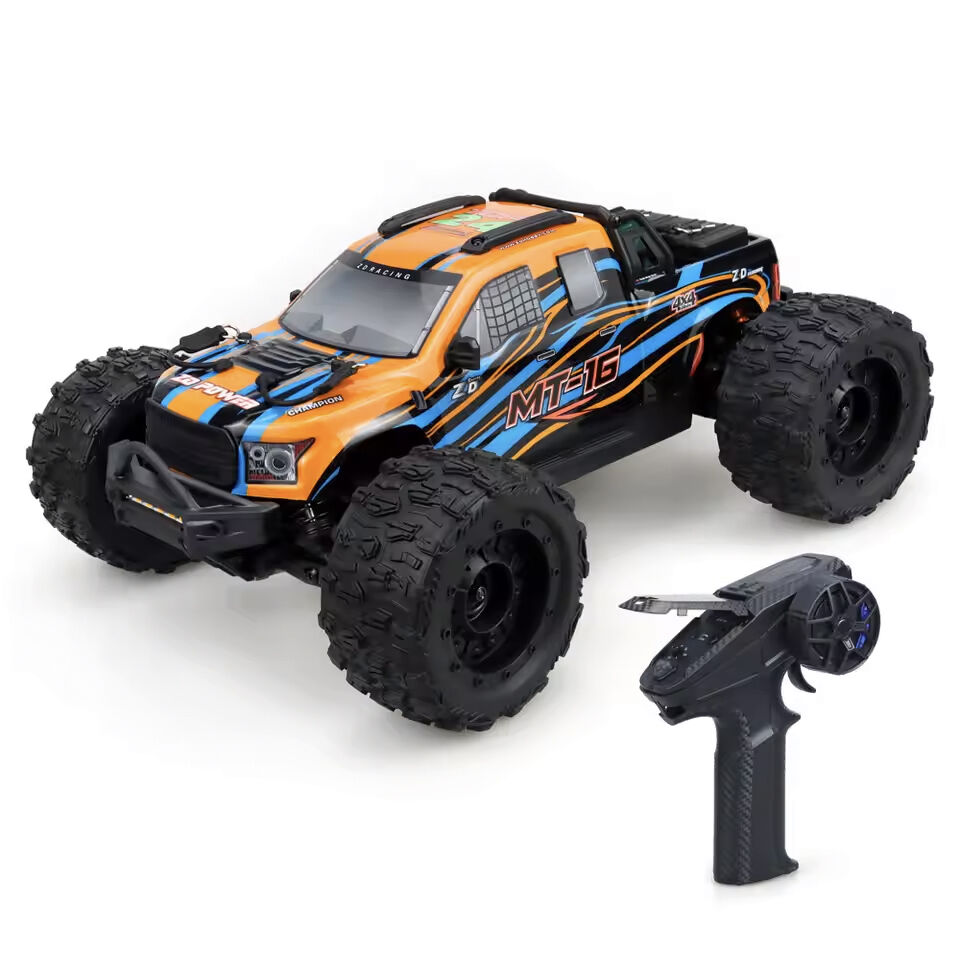 Orange ZD Racing MT-16 1/16 4WD Brushless Monster Truck with remote control on a white back ground