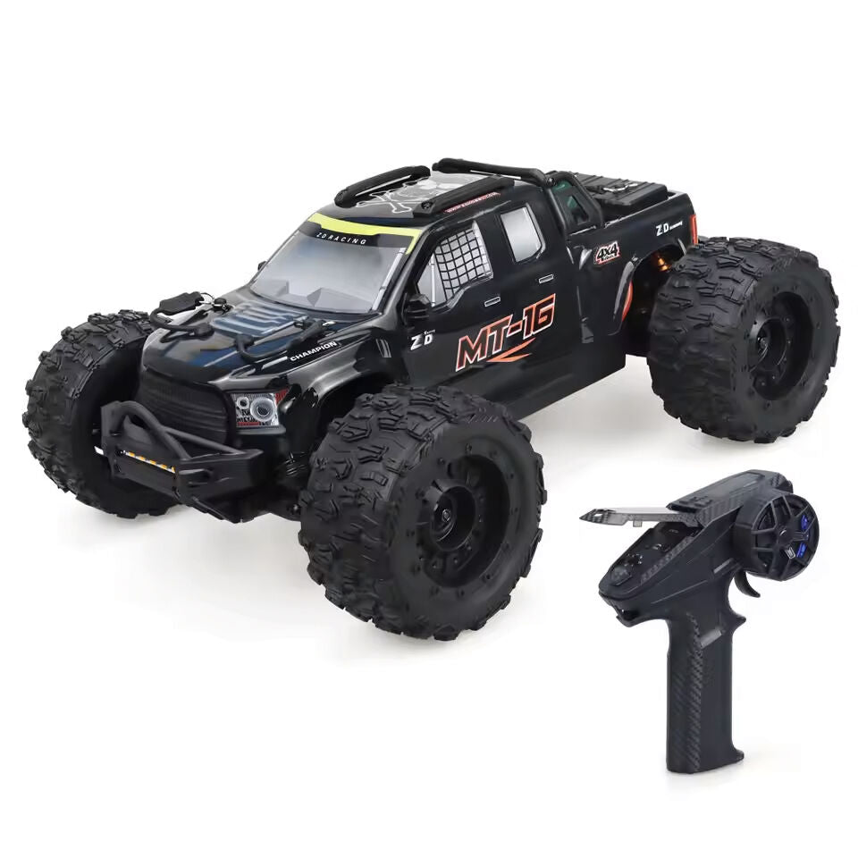 ZD Racing MT-16 1/16 4WD Brushless Monster Truck in black color with large off-road tires, displayed alongside its remote controller.