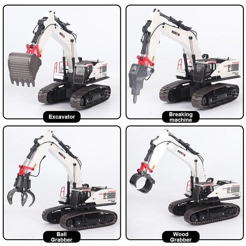 Four views of the Huina 1594 RC EXCAVATOR with different attachments on a white background
