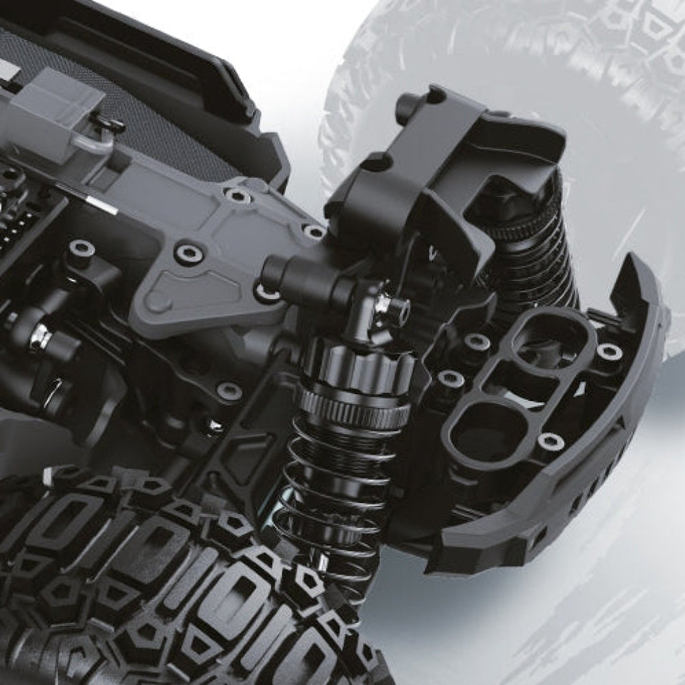 Close-up of a Maverick QBit front suspension system on a white background