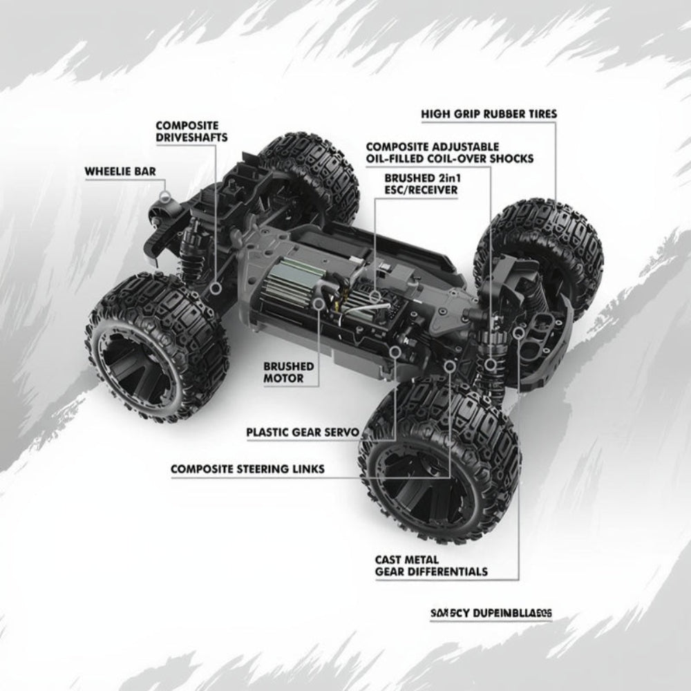 Diagram of a remote control car with labeled components on a white background