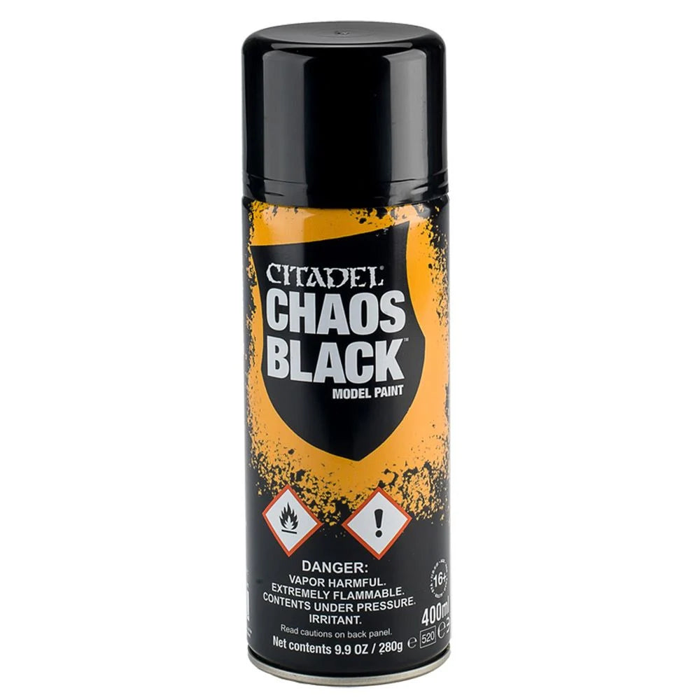 Can of Citadel Colour Chaos Black spray paint on a white background