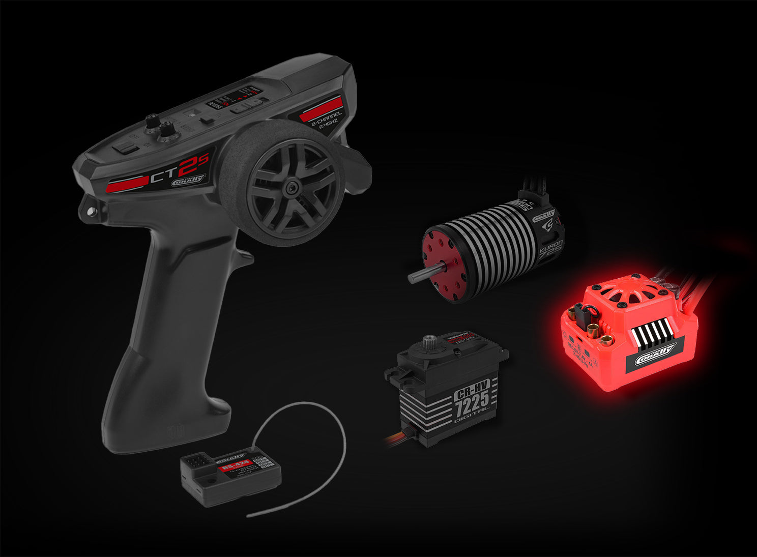 Collection of RC car components including a remote control, motor, battery, and receiver on a black background.