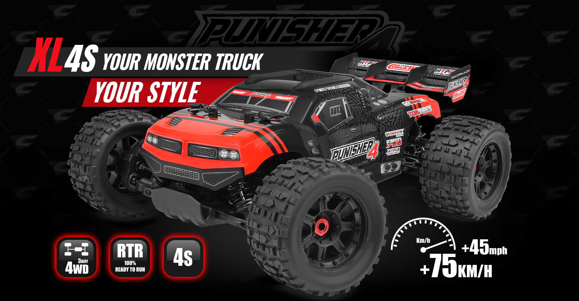 Punisher XL4S remote control monster truck on a black background with red accents.