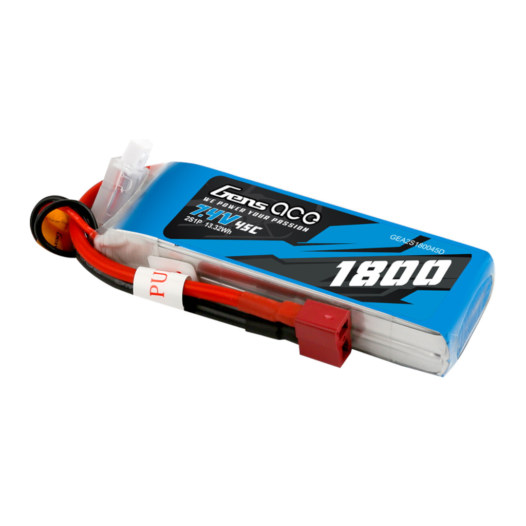 A Gens Ace 2S 1800mAh 7.4V 45C soft case LiPo battery with a Deans discharge plug, predominantly blue with red and white wires.