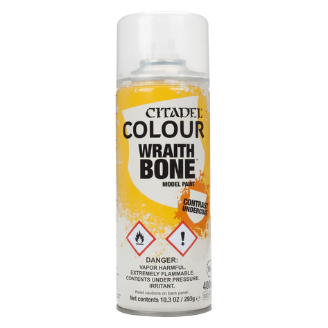 A can of Citadel Wraith Bone spray paint for miniatures and models.