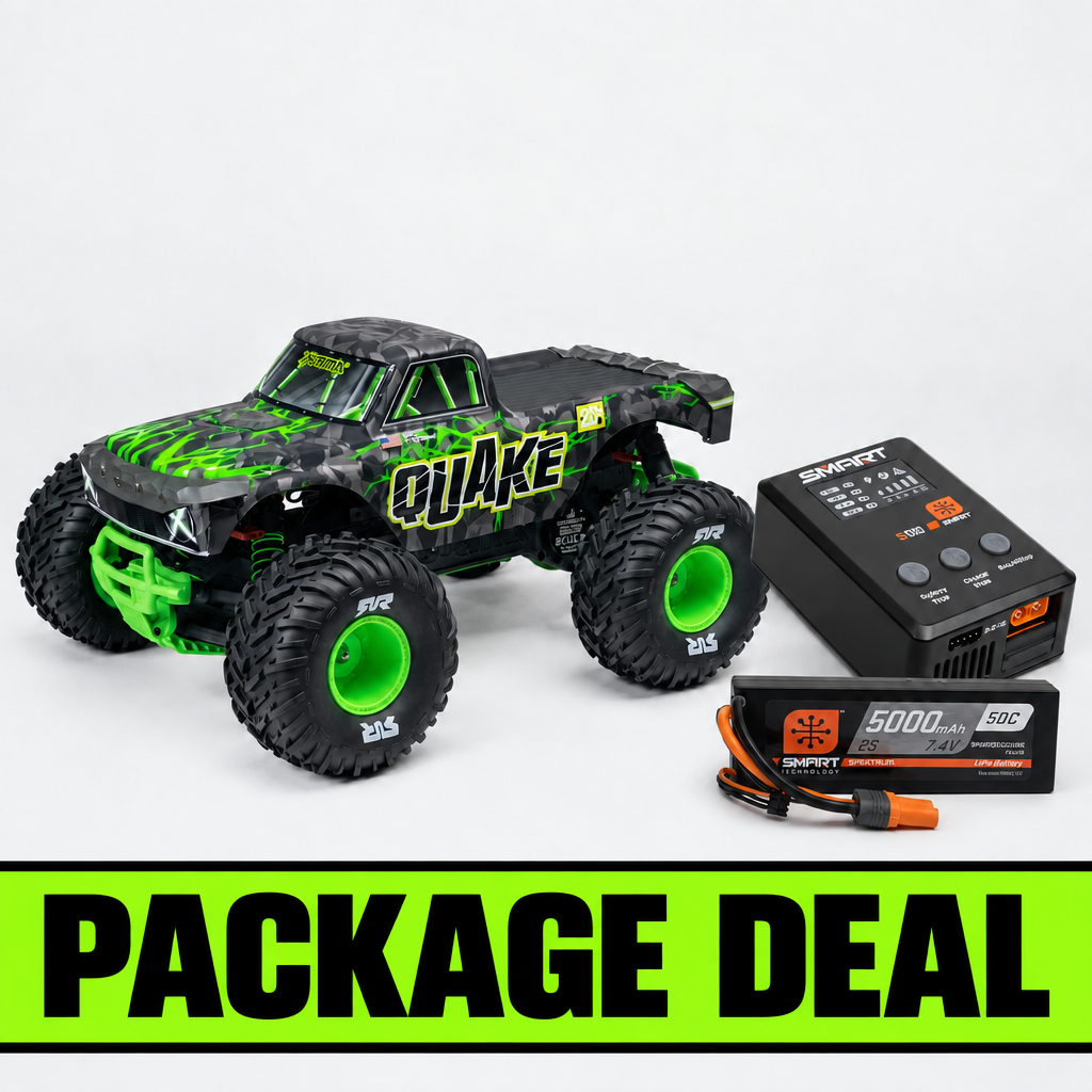 Green ARRMA Quake 223S monster truck with Spektrum S100 charger and 5000mAh 2S battery, Package Deal banner