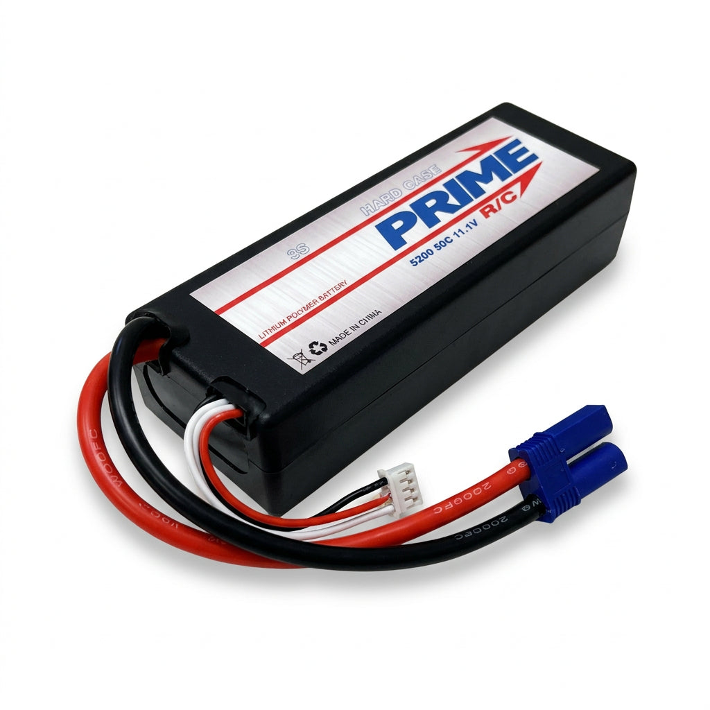 Prime R/C battery with red and black connectors on a white background