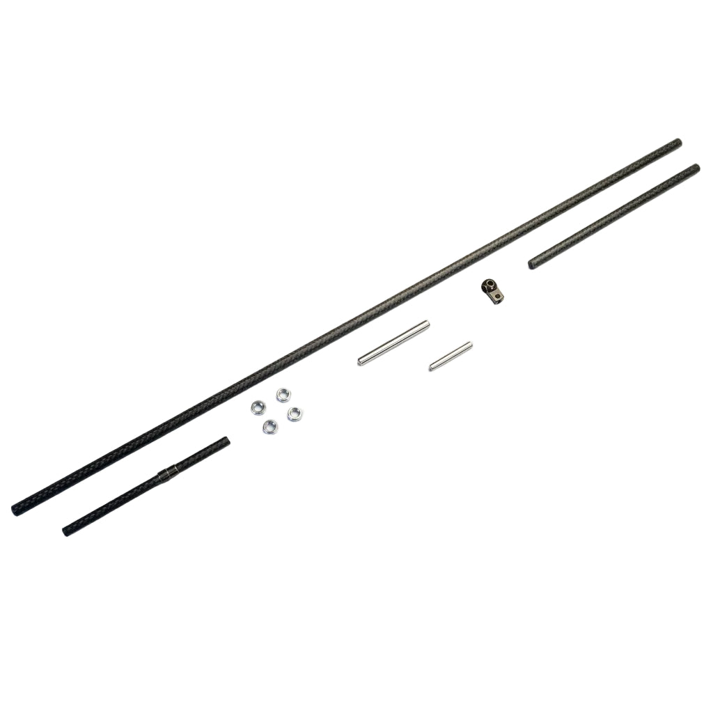 Set of black rods and small metal components on a white background