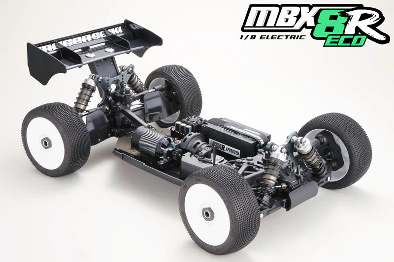 1/8 electric RC car chassis with 'MBX8R' branding on a white background