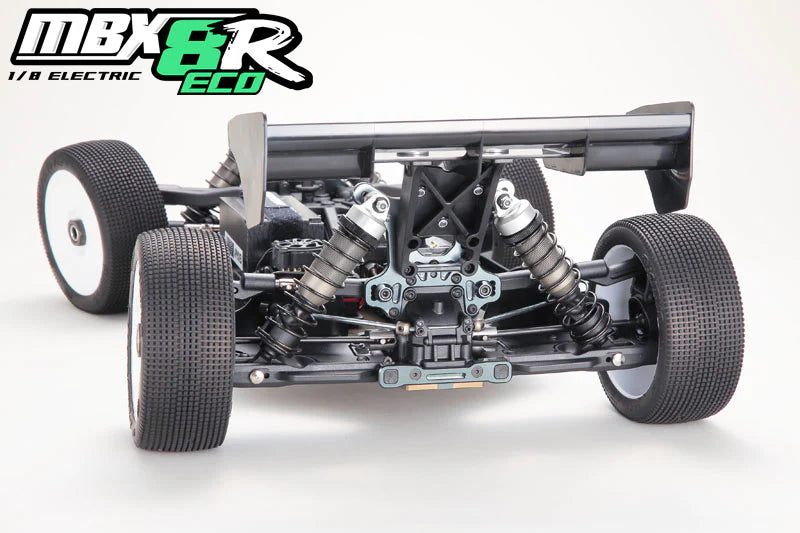 1/8 electric Mugen MBX8R-ECO RC car rear chassis view with 'mbX&R Eco' branding on a white background