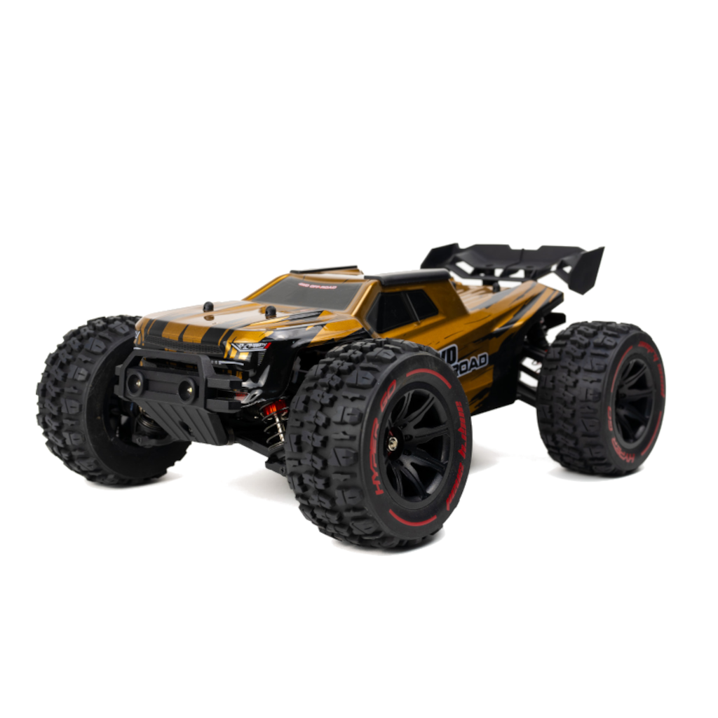A black and gold MJX 1/14 scale 14210 brushless 4-wheel-drive RC Truggy with large off-road tires, on a white background