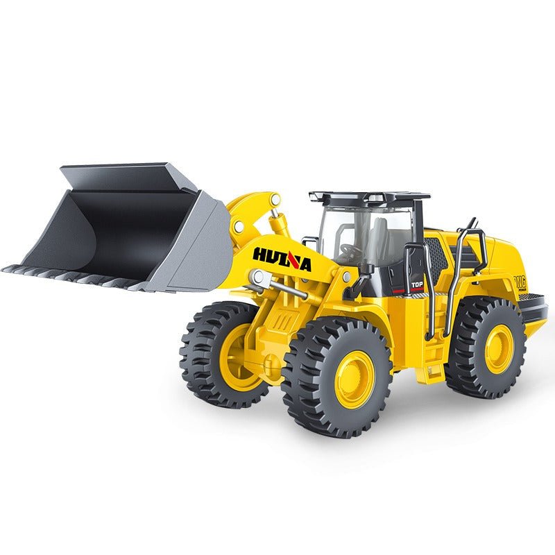 Toy bulldozer with AXIUM branding on a white background
