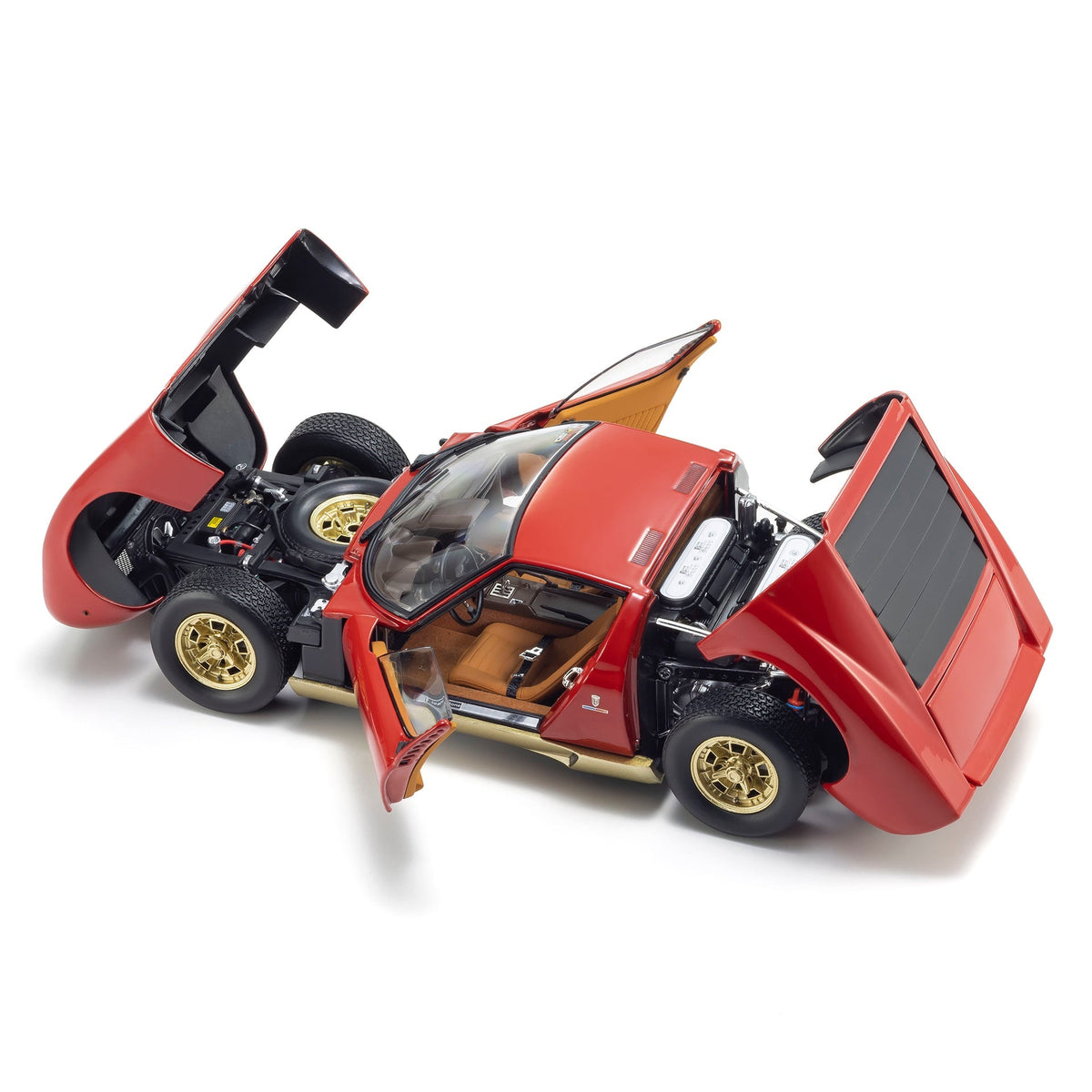 Kyosho 1/18 Lamborghini Miura P400 Red/Gold Diecast Model Car – Brown Interior with doors, hood and engine cover open showing details
