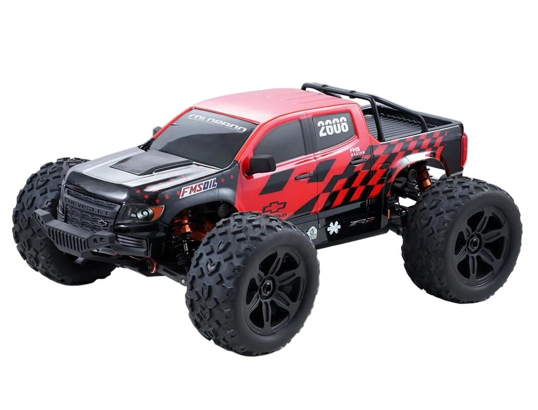 Red and black monster truck model on a light gray background