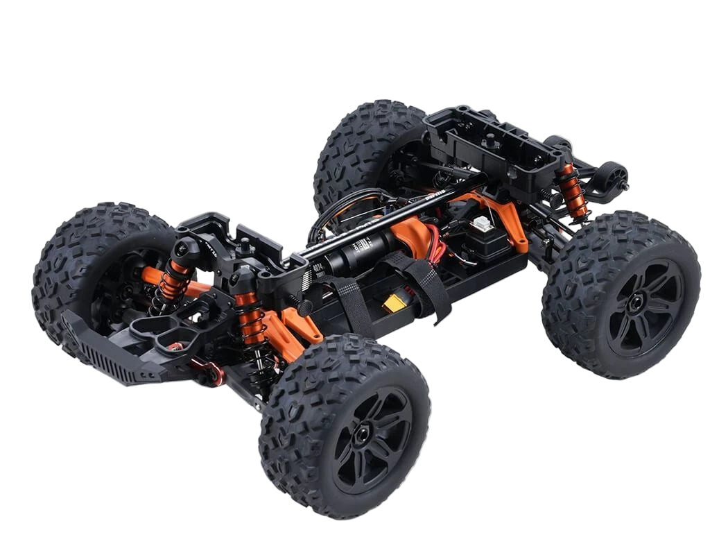 Model of a four-wheeled vehicle chassis with large black tires on a white background