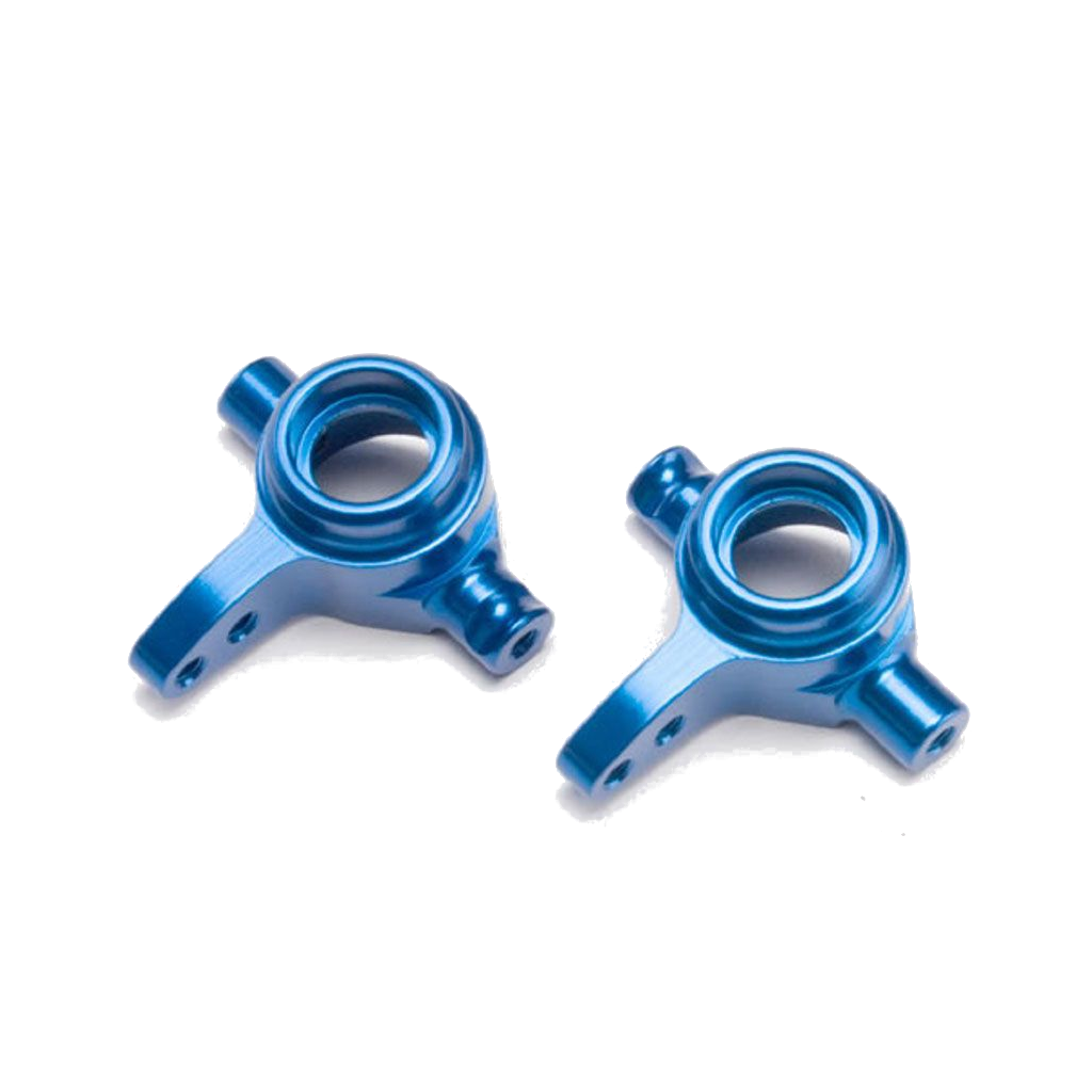 A pair of blue-anodized aluminum Traxxas 6837X Steering blocks for remote control vehicles.