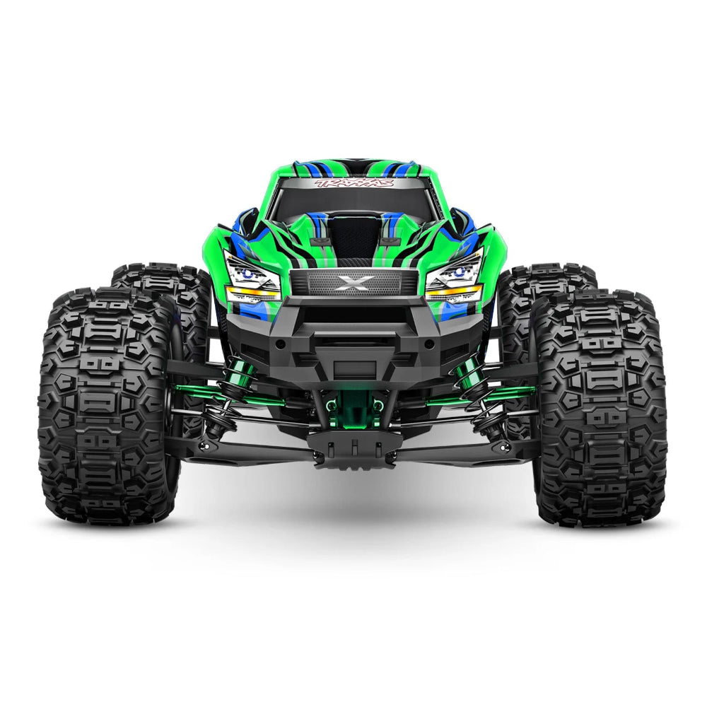 Green Traxxas x-maxx monster truck on a white background