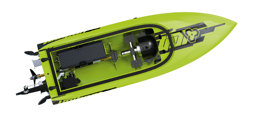 Green RC boat with visible mechanical components on a white background
