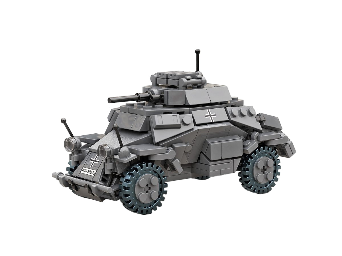 Toy tank model made of interlocking bricks on a white background