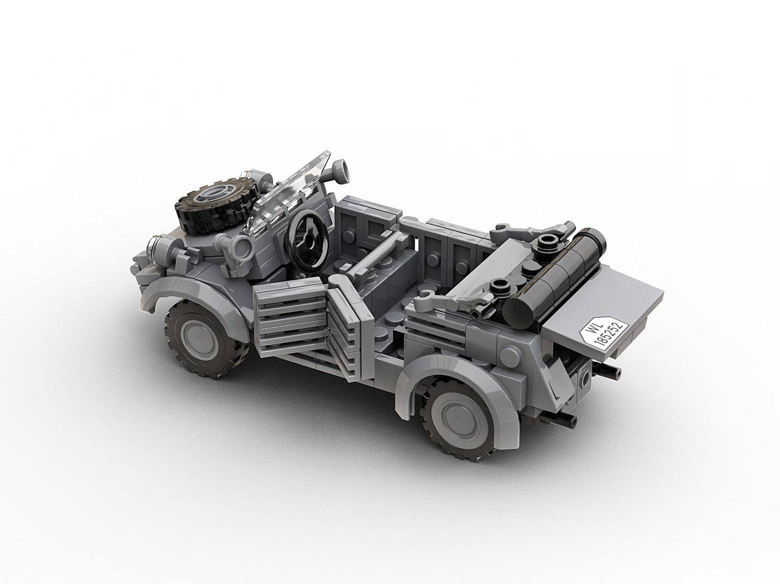 Model of a vintage car made from interlocking bricks on a white background