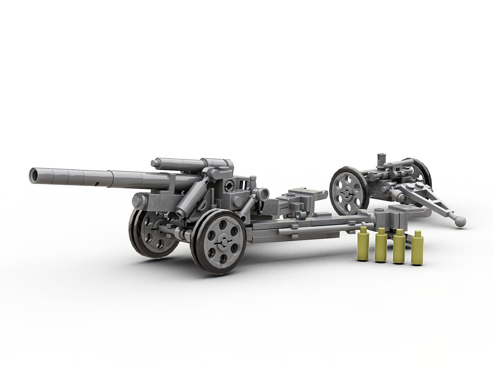Model of a cannon with wheels and ammunition on a white background