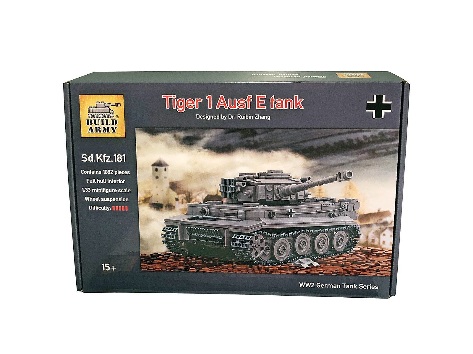 Model tank kit packaging with 'Tiger 1 Ausf E tank' text on a white background