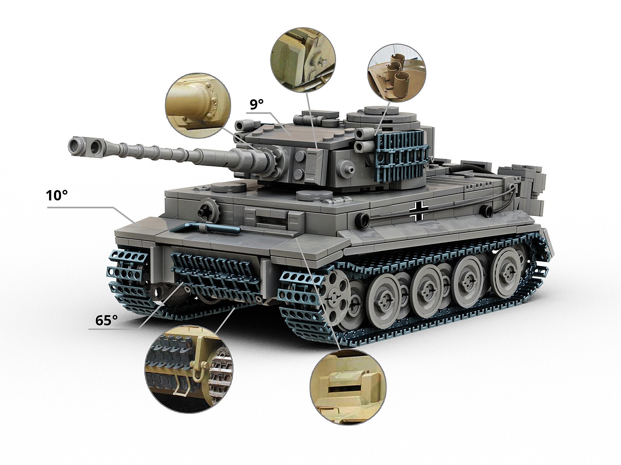 Toy tank model with detailed features on a white background