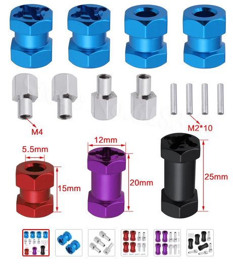 Techtonic-Techtonic 4pcs Aluminum RC Car 12mm Hex Wheel Hub Drive Adaptor 15/20/25mm Extension Combiner Coupler for 1/10 RC Crawler Axial SCX10 D90 Blue -rc-cars-scale-models-sunshine-coast