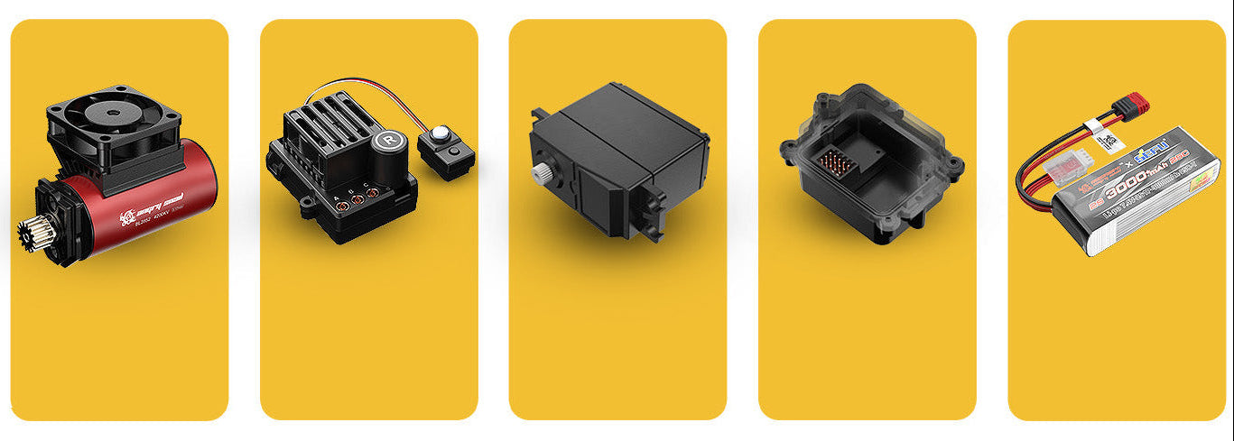 Five electronic components on a yellow background
