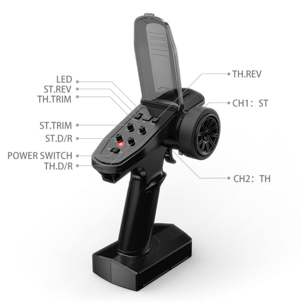 Black RC remote control with labeled parts on a white background