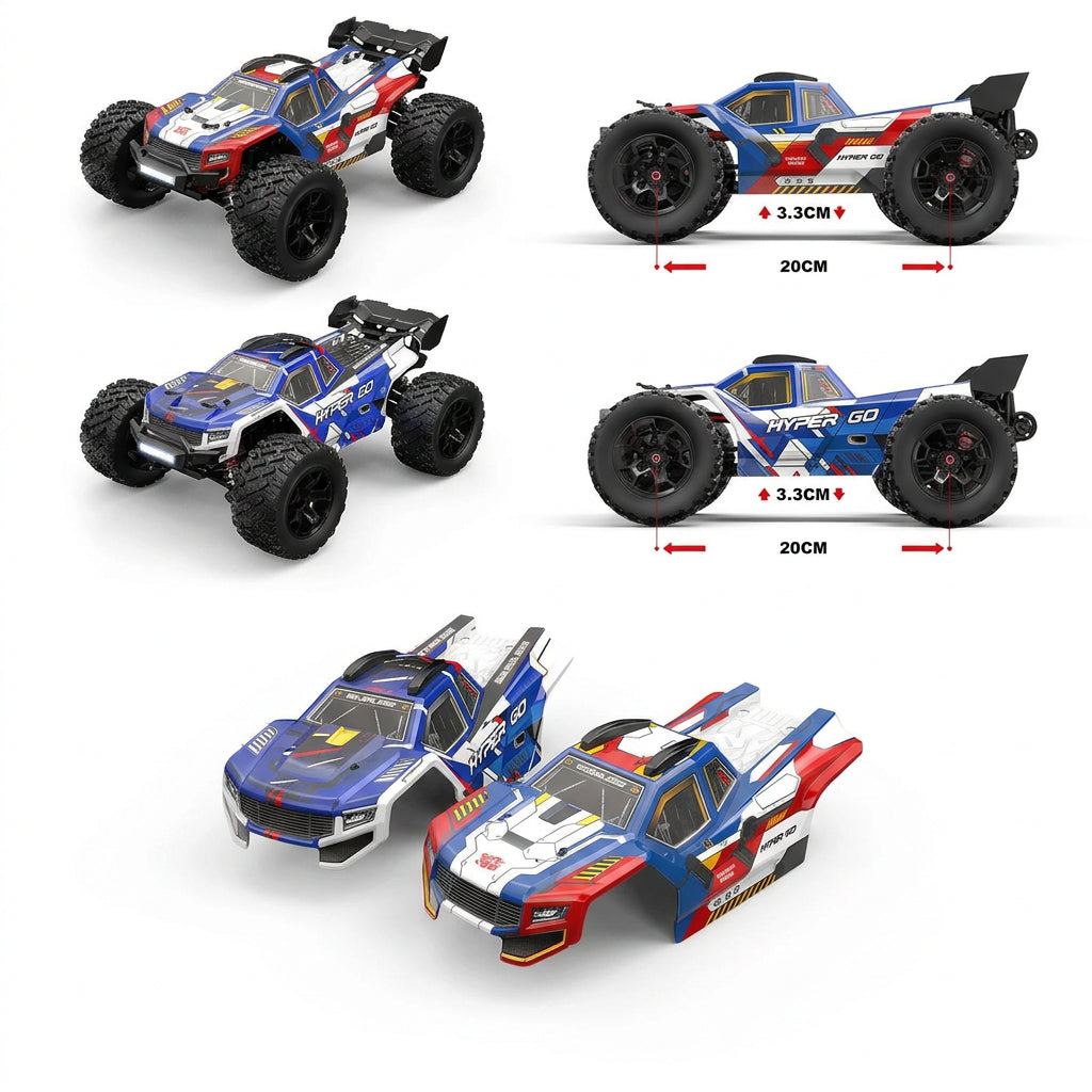 Three remote control off-road truck body kits shown from different angles on a white background, with one set accompanied by dimension arrows and text indicating 30cm width.