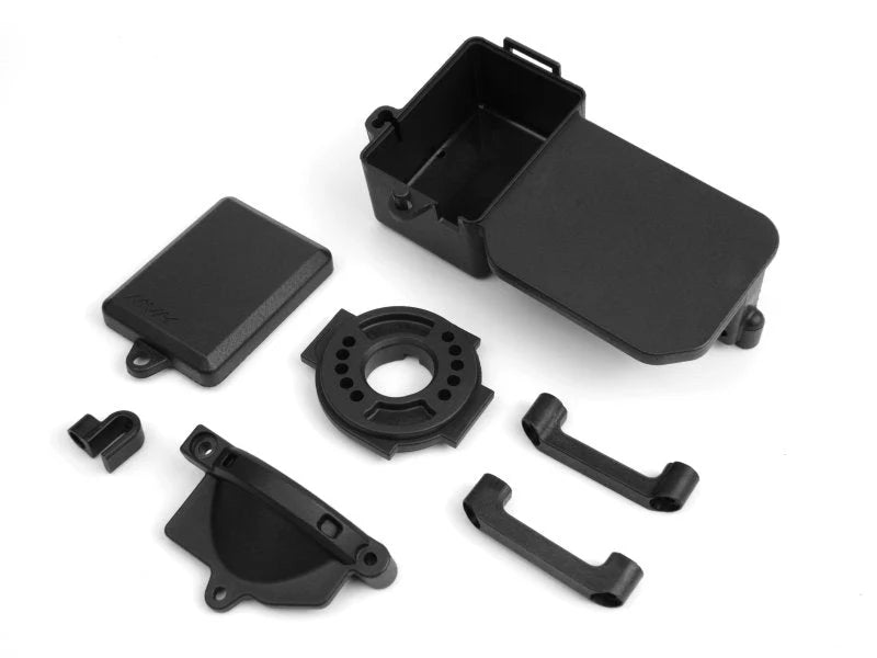 Set of black mechanical components on a white background