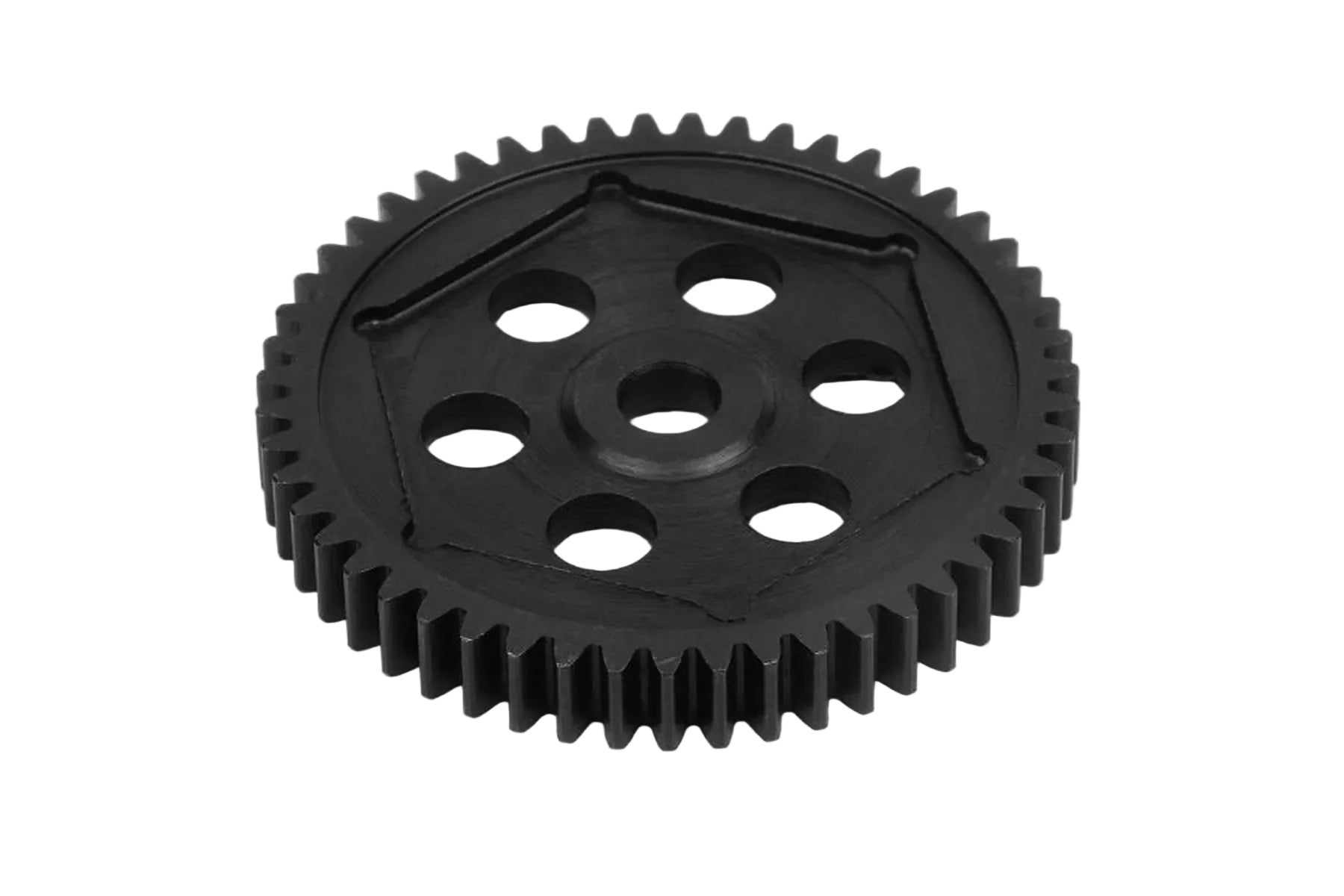 A black metal spur gear with a hexagonal center hub and six weight-reducing cutouts, shown on a plain white background.