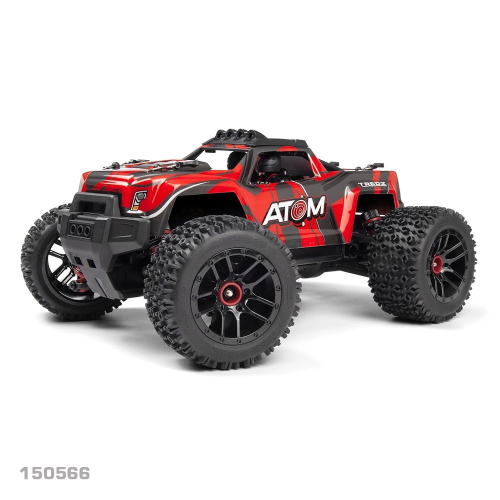 Red Maverick Atom AT1 1/18 4WD RC monster Truck RTR  truck with 'ATOM' branding on a white background