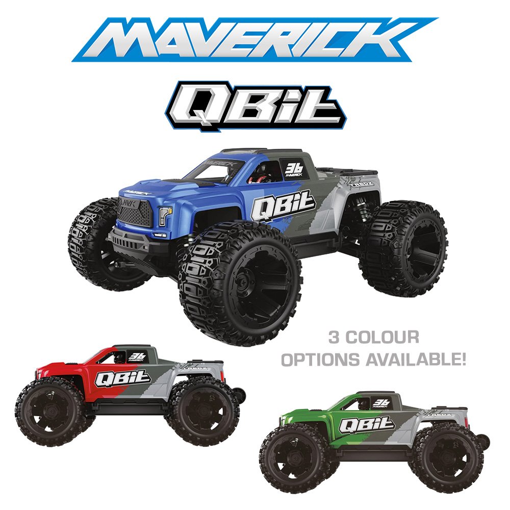 RC monster truck with 'Maverick QBit' branding and three color options displayed.