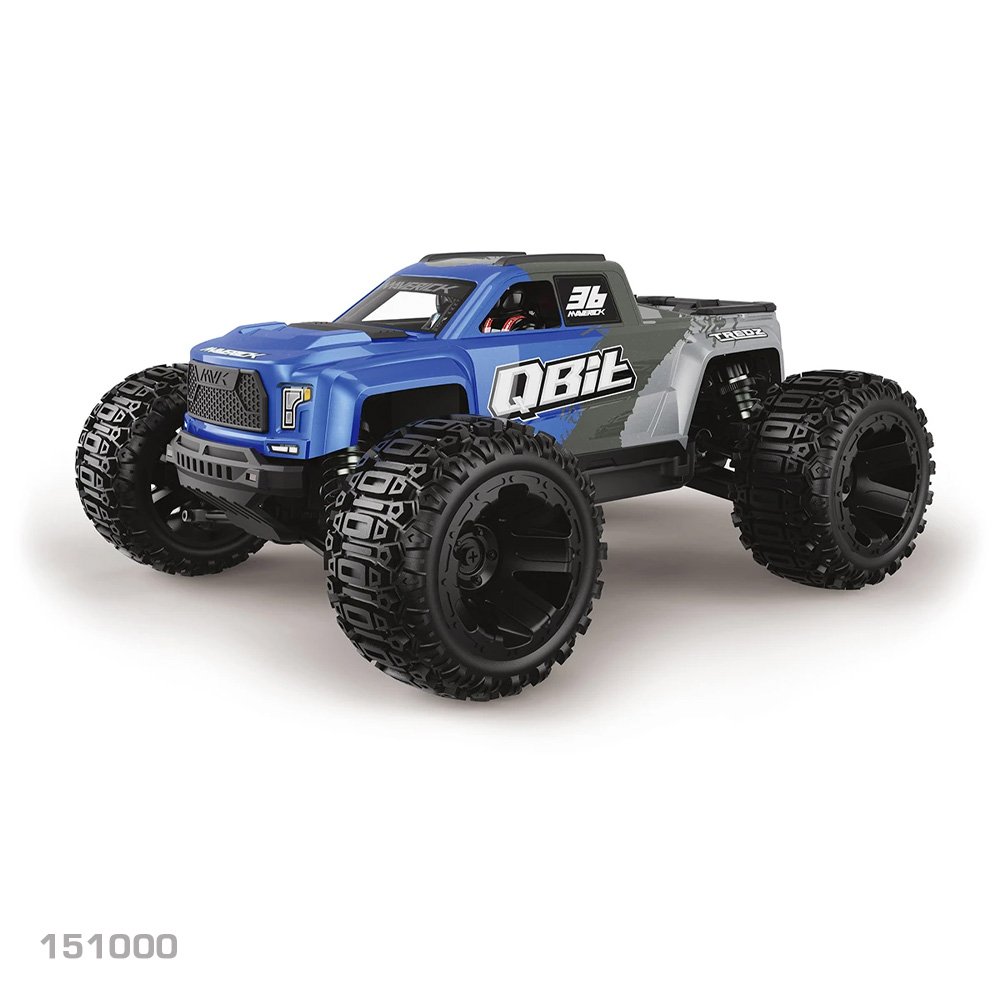 Blue and gray monster truck with large wheels on a white background