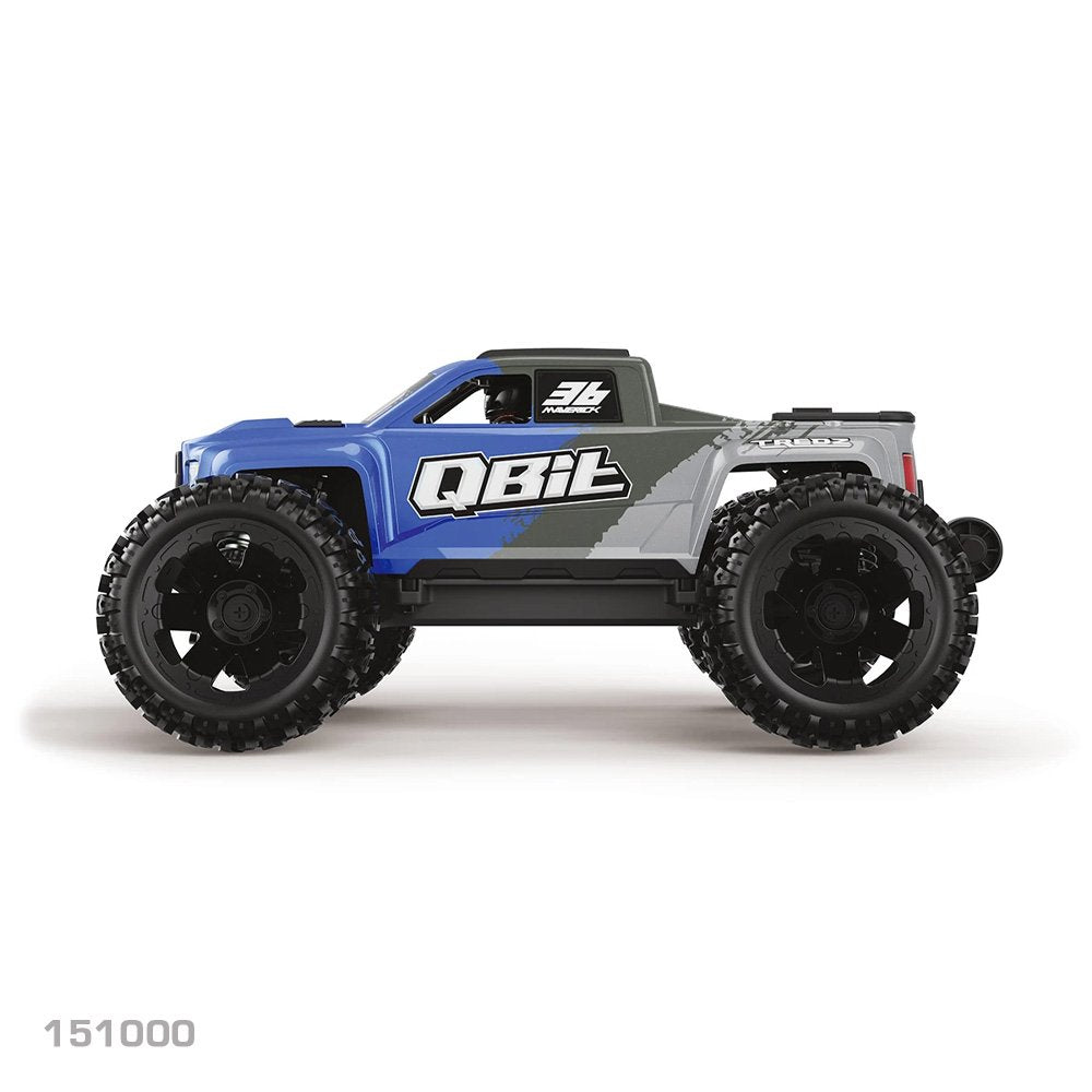 Blue and gray remote control monster truck on a white background