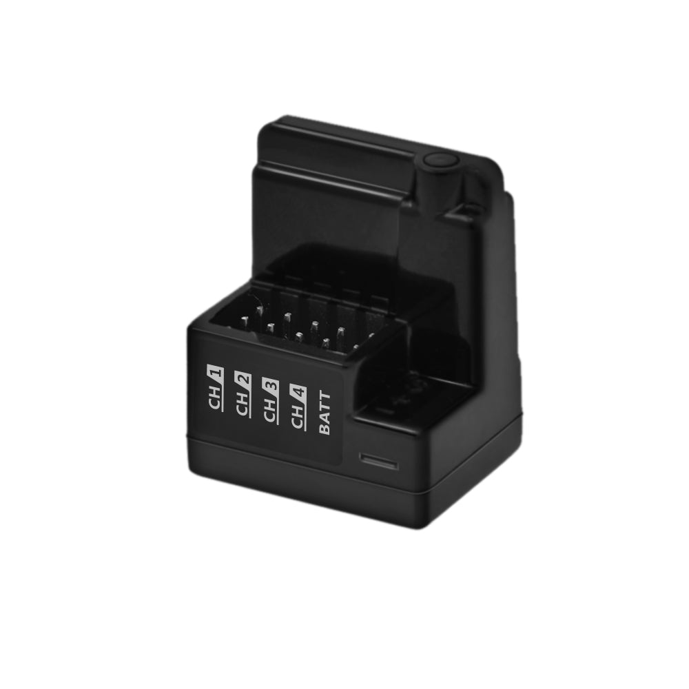 A black 2.4Ghz 4CH vertical type FHSS Sanwa compatible receiver for remote control vehicles.