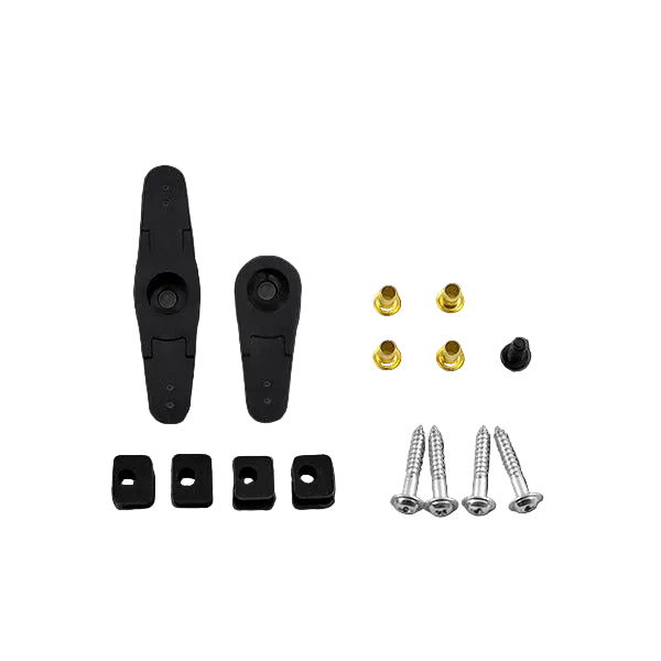 Set of black and gold screws and components on a textured black background