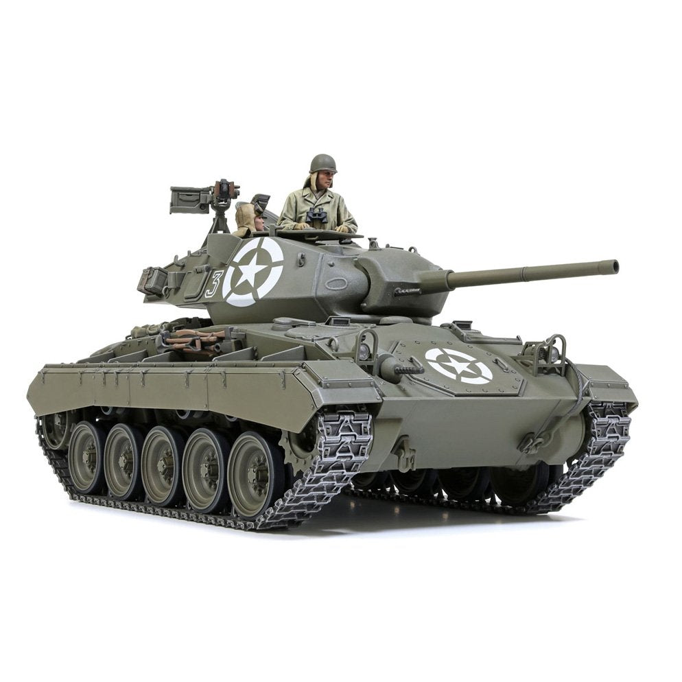 Tamiya U.S. Light Tank M24 Chaffee Model tank with a driver figure on a white background
