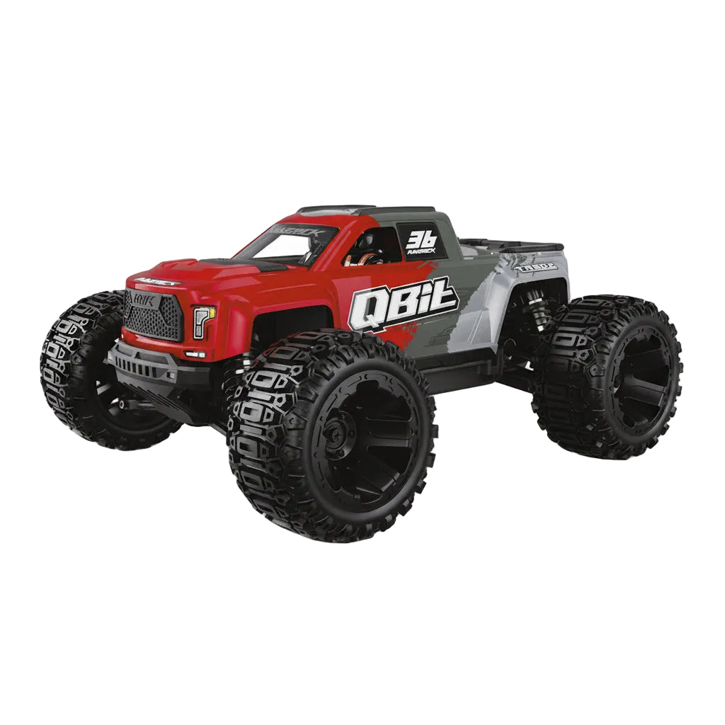Red and gray monster truck with large black tires on a white background